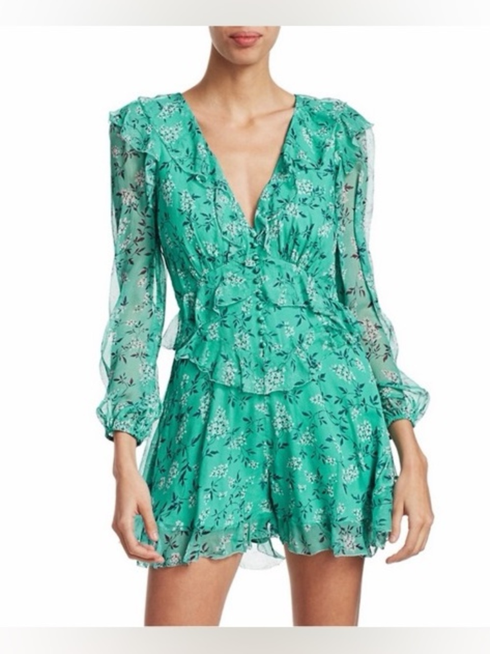 Zimmermann Moncur Ruffled Floral Silk Blouson Romper in Turquoise, Size S (1)